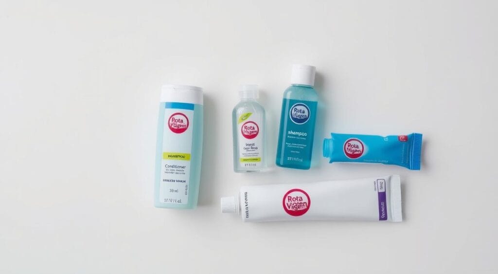 A neatly arranged collection of miniature personal care products, including a compact travel-sized shampoo, conditioner, body wash, and toothpaste, all bearing the "Rota de Viagem" brand label. The items are displayed on a clean, neutral background, with soft, even lighting from above, creating a sense of tranquility and organization. The arrangement showcases the compact, portable nature of the products, perfect for the modern adventurer's suitcase. The overall mood is one of practicality and efficiency, reflecting the section title "Produtos de higiene em miniatura e nécessaire prática".
