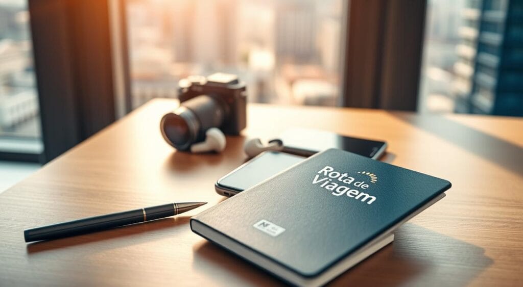 A sleek, modern travel technology still life captured in a warm, natural light. In the foreground, a passport, a pen, and a stylish smartphone with the "Rota de Viagem" logo displayed on the screen. In the middle ground, a compact, high-tech camera and a pair of wireless earbuds. The background features a minimalist, wooden table surface and a blurred, out-of-focus cityscape through a window, suggesting the excitement of an upcoming journey. The overall composition conveys a sense of organization, efficiency, and the seamless integration of technology into the modern travel experience.