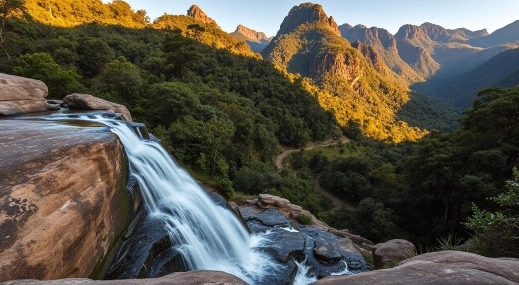 A stunning landscape of the Chapada dos Veadeiros in Brazil, showcasing a series of cascading waterfalls set against a backdrop of lush, verdant foliage. The foreground features a picturesque waterfall, its crystal-clear waters cascading over smooth, weathered rocks. The middle ground reveals a winding trail leading through the forest, inviting the viewer to explore the "Rota de Viagem" (Travel Route) of these magnificent natural wonders. The background is dominated by towering mountains, their rugged peaks reaching towards the sky, creating a sense of grandeur and adventure. The lighting is soft and natural, casting a warm, golden glow over the scene and emphasizing the serene, tranquil atmosphere. Captured with a wide-angle lens, this image offers a comprehensive view of the "Roteiro de Cachoeiras" (Waterfall Route) in the Chapada dos Veadeiros, perfectly encapsulating the essence of this exceptional natural destination.