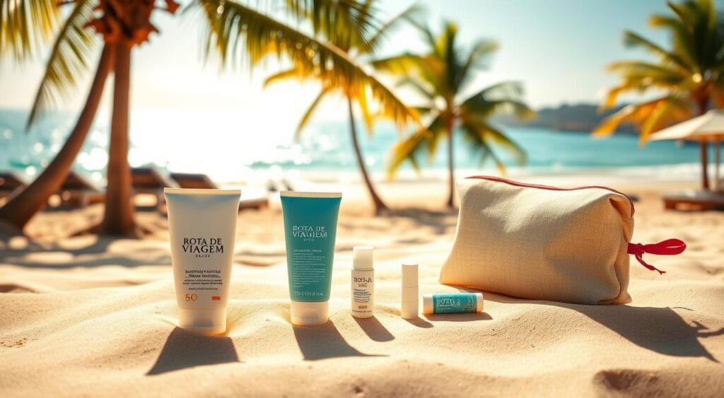 A sun-drenched beach scene with a Rota de Viagem travel kit resting on the soft, golden sand. In the foreground, an assortment of skincare essentials - sunscreen, moisturizer, and lip balm - are artfully arranged, casting delicate shadows. The middle ground features a serene, azure ocean with gentle waves lapping at the shore, while the background showcases a picturesque coastal landscape with lush, verdant palm trees swaying in the warm, coastal breeze. The lighting is soft and diffused, creating a soothing, tranquil atmosphere that evokes a sense of relaxation and rejuvenation. The image conveys the importance of comprehensive skin care during travel, seamlessly blending the practical with the aesthetic.