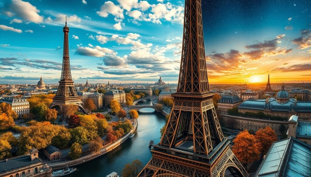 A sweeping panorama of Paris in different seasons, captured with a cinematic flair. In the foreground, the iconic Eiffel Tower stands tall, its wrought-iron lattice glimmering in the varying light. The middle ground features the winding Seine River, its banks dotted with lush greenery in spring, vibrant foliage in autumn, and a dusting of snow in winter. In the background, the historic rooftops and spires of the city's monuments come into view, framed by a dynamic sky that shifts from sun-dappled blue to golden-hued sunsets and inky starry nights. The overall composition conveys the timeless allure of Paris, showcasing its charming versatility across the seasons.