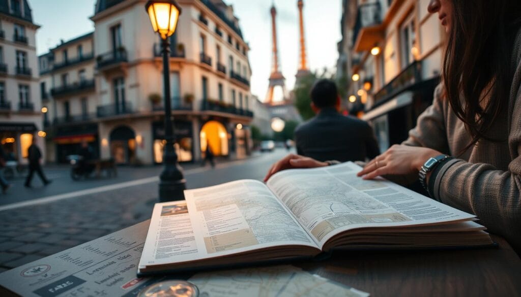 A tranquil Parisian street scene at dusk, with a couple studying a detailed travel itinerary by the warm glow of a streetlamp. In the foreground, a well-organized guidebook, map, and notes lie open on a wooden cafe table. The middle ground features charming Haussmannian architecture, wrought-iron balconies, and a glimpse of the Eiffel Tower in the distance. The background is softly lit with a romantic, golden hour ambiance. The overall mood evokes a sense of anticipation and careful planning for an upcoming Parisian adventure.