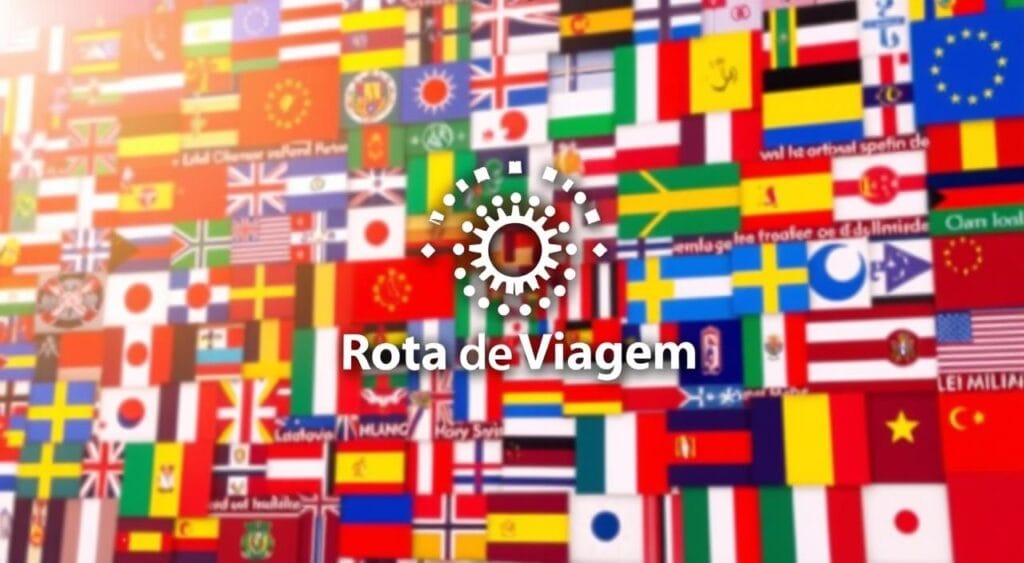 A vibrant mosaic of flags and languages, representing the diverse linguistic tapestry of Europe. In the foreground, the Rota de Viagem brand logo stands as a beacon, guiding travelers through the multilingual landscape. The middle ground features a collage of national flags, each uniquely emblazoned with its distinctive designs. In the background, a seamless blend of typographic elements evokes the rich linguistic heritage, with subtle hues and textures that create a sense of depth and sophistication. Warm, soft lighting casts a welcoming glow, evoking a harmonious and inclusive atmosphere. The overall composition conveys the idea of communication, understanding, and the joyful exploration of Europe's linguistic diversity.