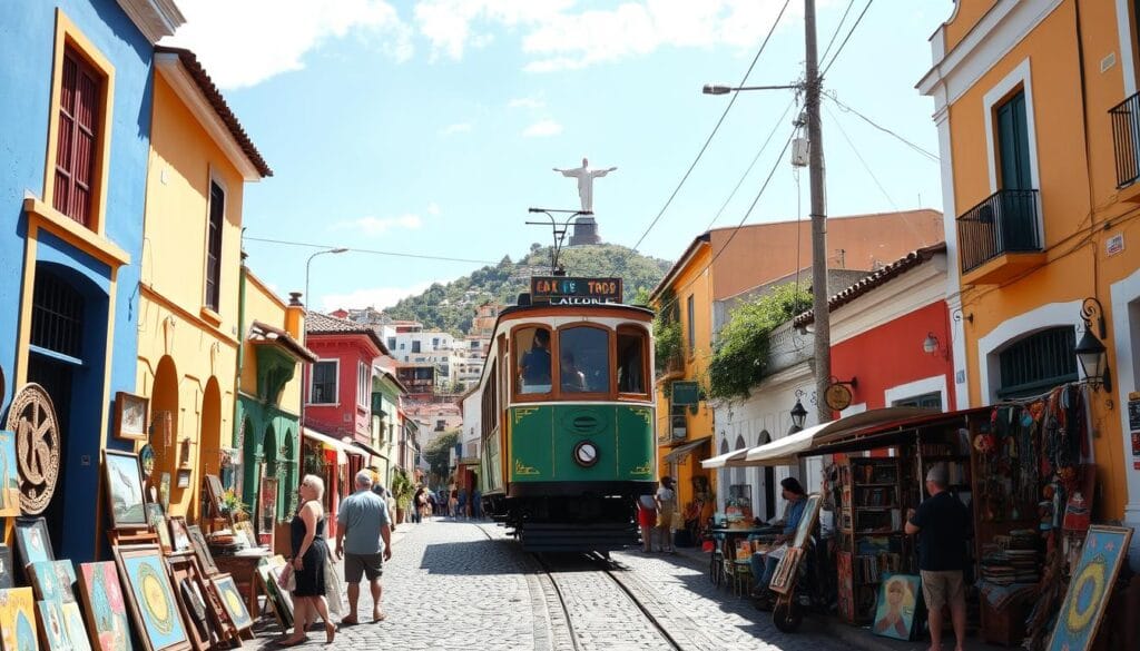 A vibrant, sun-drenched street in the artistic bairro of Santa Teresa, Rio de Janeiro. Colorful houses and quaint shops line the cobblestone roads, inviting visitors to explore the neighborhood's rich cultural heritage. In the foreground, a group of local artists showcase their handcrafted wares, their vibrant works reflecting the bohemian spirit of the area. In the middle ground, a historic tram car climbs up the hilly terrain, offering a unique perspective of the charming surroundings. The background features the iconic Christ the Redeemer statue watching over the city, adding to the picturesque scene. The overall atmosphere exudes a sense of creativity, community, and the captivating allure that draws visitors to this enchanting bairro.