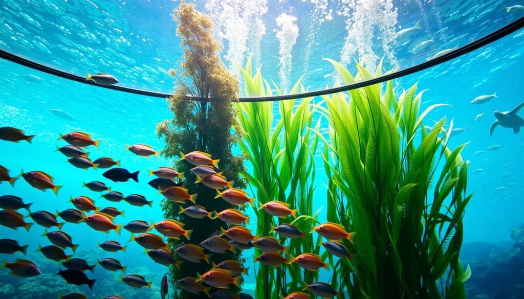 A vibrant, underwater world at AquaRio, the largest marine aquarium in South America. In the foreground, a school of tropical fish swim gracefully, their iridescent scales catching the soft, natural light that filters through the expansive, curved glass walls. In the middle ground, a towering kelp forest sways gently, creating a sense of tranquility. The background showcases the diverse marine life of the Rio de Janeiro coastline, with schools of larger pelagic species and the occasional glimpse of a majestic sea turtle. The overall scene evokes a sense of wonder and exploration, perfectly capturing the essence of this remarkable aquatic attraction.