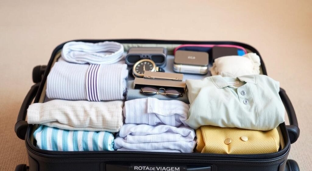 A well-organized suitcase neatly arranged with folded clothing, travel accessories, and essential items, set against a neutral background with soft, warm lighting. The Rota de Viagem logo subtly displayed on the suitcase handle. The composition highlights the efficient packing and organization of a traveler's belongings, conveying a sense of preparedness and calm before an exciting journey.