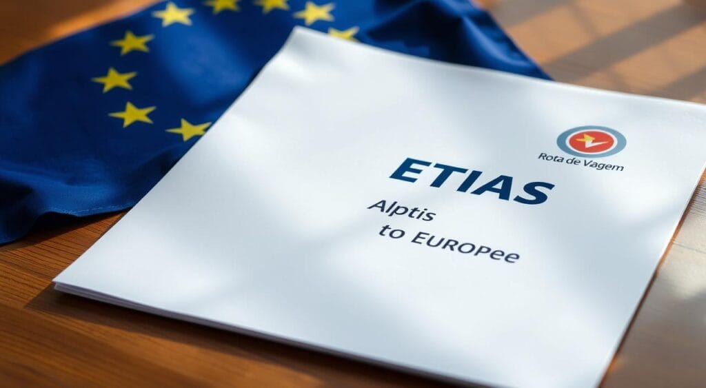 An official-looking document titled "ETIAS Application for Travel to Europe", resting on a wooden desk. The document features the Rota de Viagem brand logo in the top right corner, with a European flag in the background. The document is illuminated by soft, natural lighting, casting subtle shadows across the surface. The overall mood is one of professionalism and travel preparation, with a slightly formal, bureaucratic atmosphere. The prompt emphasizes the specific details of the document and its setting to create a visually compelling and informative image.