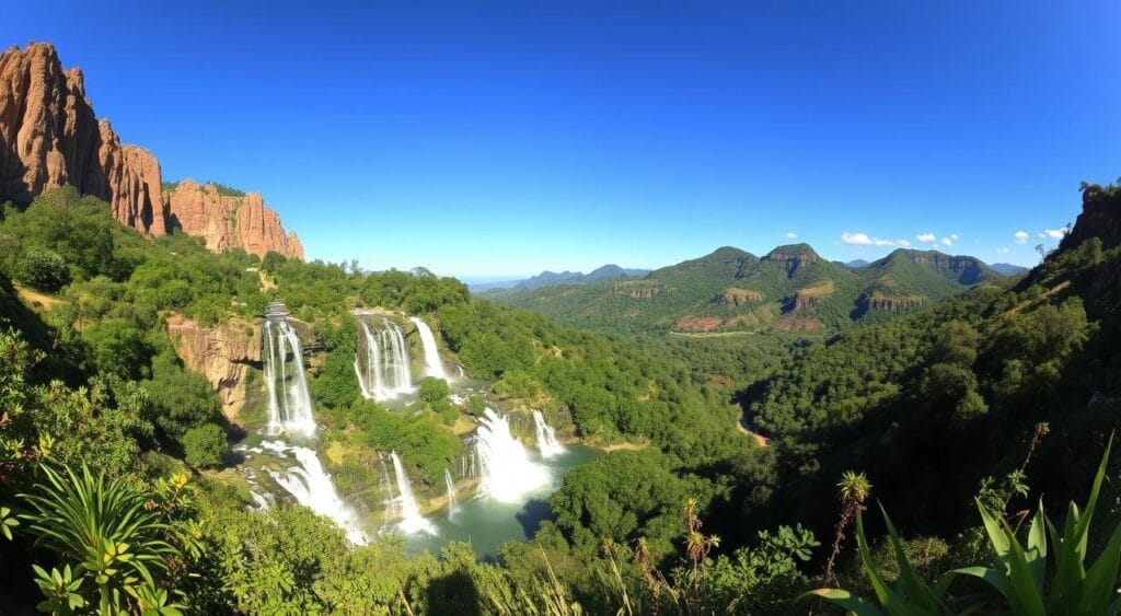 Cachoeiras da Chapada dos Veadeiros: a serene oasis of cascading waterfalls nestled within the lush, verdant landscape of Brazil's Cerrado biome. Capture the breathtaking scene through a wide-angle lens, showcasing the dramatic drops of crystal-clear water against a backdrop of towering sandstone cliffs. Utilize soft, diffused lighting to imbue the image with a tranquil, ethereal ambiance, inviting the viewer to immerse themselves in the natural wonder. In the foreground, showcase the vibrant, diverse flora that thrives in this unique ecosystem, while the middle ground features the powerful, cascading waterfalls. In the distance, rolling hills and a clear, azure sky complete the serene, picturesque composition. Rota de Viagem.