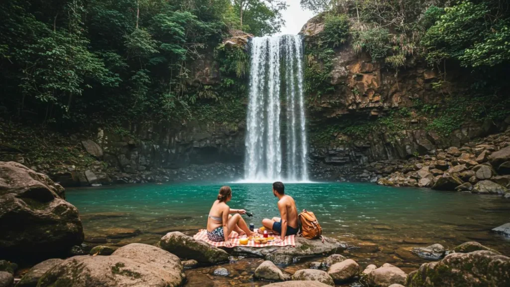 Casal fazendo piquenique romântico gratuito em cachoeira cristalina no interior do Brasil