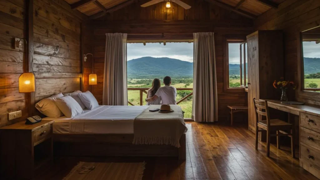 Quarto aconchegante de pousada econômica no interior brasileiro com casal planejando Viagens românticas econômicas