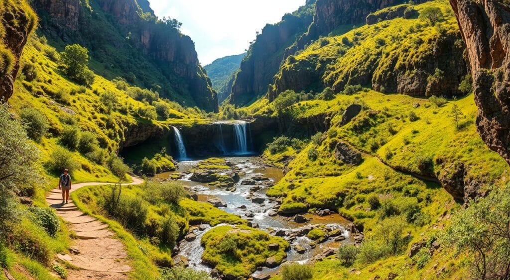Lush green trails wind through the majestic Chapada dos Veadeiros, leading adventurers to cascading waterfalls. Towering cliffs frame the serene pools, their crystal-clear waters sparkling in the warm sunlight. Hikers traverse the rugged terrain, crossing babbling brooks and navigating rocky outcroppings. Rota de Viagem presents a breathtaking landscape, where nature's beauty is on full display. Capture the essence of this remarkable destination, with a cinematic wide-angle lens that showcases the grandeur of the scene. Convey a sense of tranquility and wonder, inviting viewers to immerse themselves in the captivating Chapada dos Veadeiros.