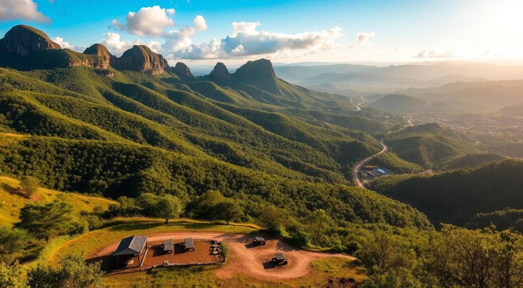 Lush green valleys, winding trails, and majestic rock formations rise against a vibrant sky in the Chapada dos Veadeiros. In the foreground, a well-maintained camping site nestled amidst the natural landscape, with sturdy shelters, picnic tables, and designated fire pits. In the middle ground, a scenic overlook offering panoramic views of the surrounding wilderness. In the background, a network of dirt roads and hiking paths cutting through the rugged terrain, guiding adventurers to hidden waterfalls and scenic vistas. Warm afternoon light filters through the trees, casting a golden glow over the entire scene. Rota de Viagem.