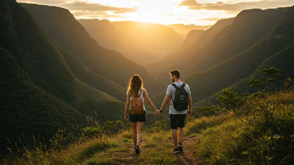 Casal jovem caminhando de mãos dadas em trilha romântica nas montanhas brasileiras durante pôr do sol