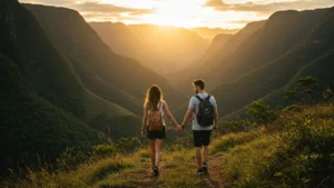 Casal jovem caminhando de mãos dadas em trilha romântica nas montanhas brasileiras durante pôr do sol
