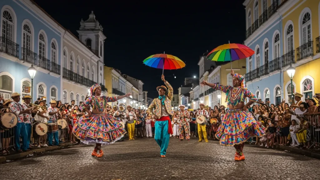 Dançarinos de frevo em trajes coloridos se apresentando nas ruas de Recife durante Carnaval
