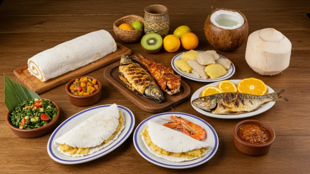 Mesa com pratos típicos de Pernambuco incluindo bolo de rolo tapioca e frutos do mar