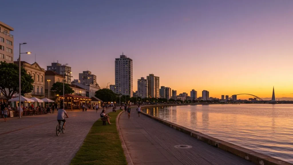 Pôr do sol na Orla do Guaíba Porto Alegre com skyline urbano - turismo urbano capital Rio Grande do Sul