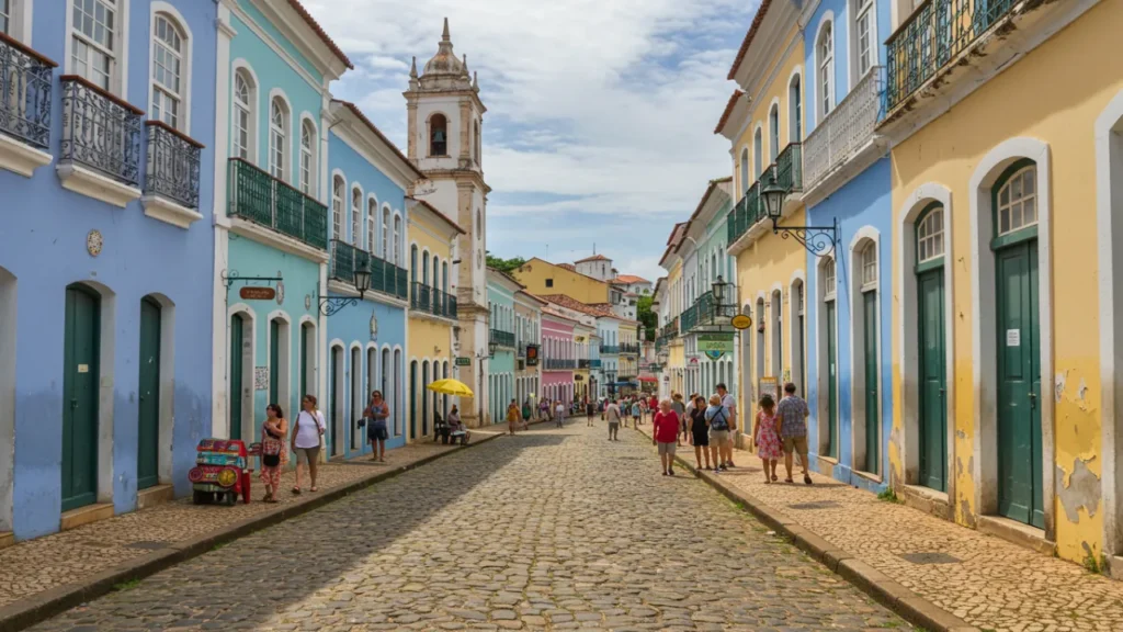 Rua histórica colorida no Recife Antigo com arquitetura colonial portuguesa e turistas