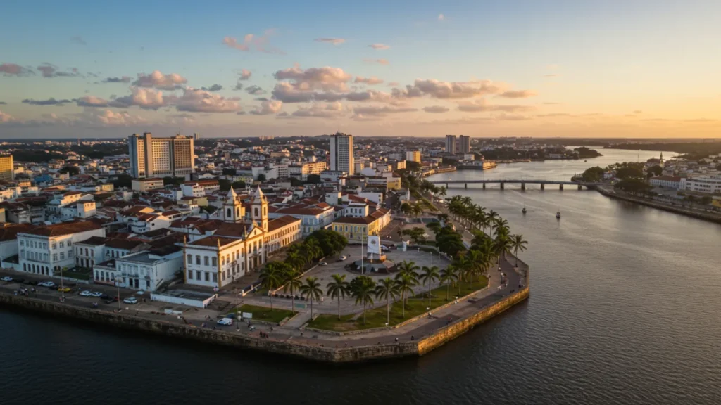 Vista panorâmica aérea de Recife Pernambuco durante pôr do sol com centro histórico e rio Capibaribe