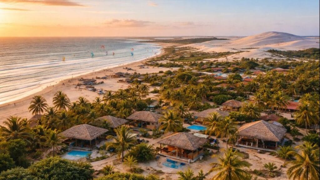 Ficar em Atins. Vista aérea de Atins nos Lençóis Maranhenses com dunas, vilarejo e o encontro do mar com a areia