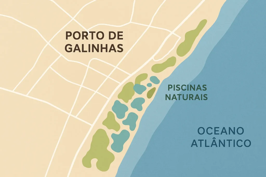 Mapa ilustrado de Porto de Galinhas mostrando a localização das piscinas naturais e a faixa costeira.
