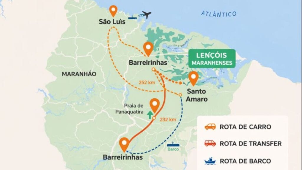 Como chegar aos Lençóis Maranhenses. Mapa com rotas de acesso para chegar aos Lençóis Maranhenses a partir de São Luís, Barreirinhas, Atins e Santo Amaro