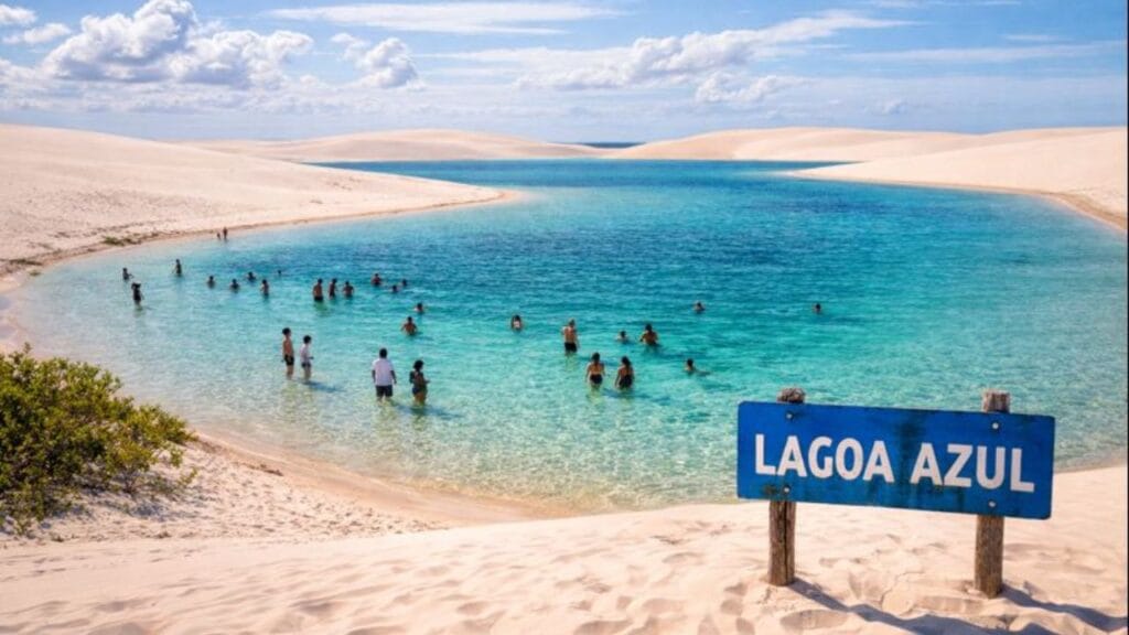 Lagoa Azul nos Lençóis Maranhenses com dunas de areia branca e água cristalina