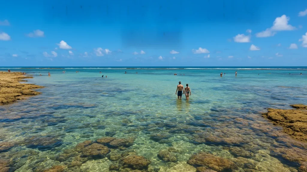 Piscinas naturais de Porto de Galinhas durante a maré baixa com água cristalina e turistas caminhando no mar raso.
