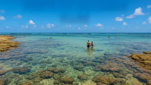 Piscinas naturais de Porto de Galinhas durante a maré baixa com água cristalina e turistas caminhando no mar raso.