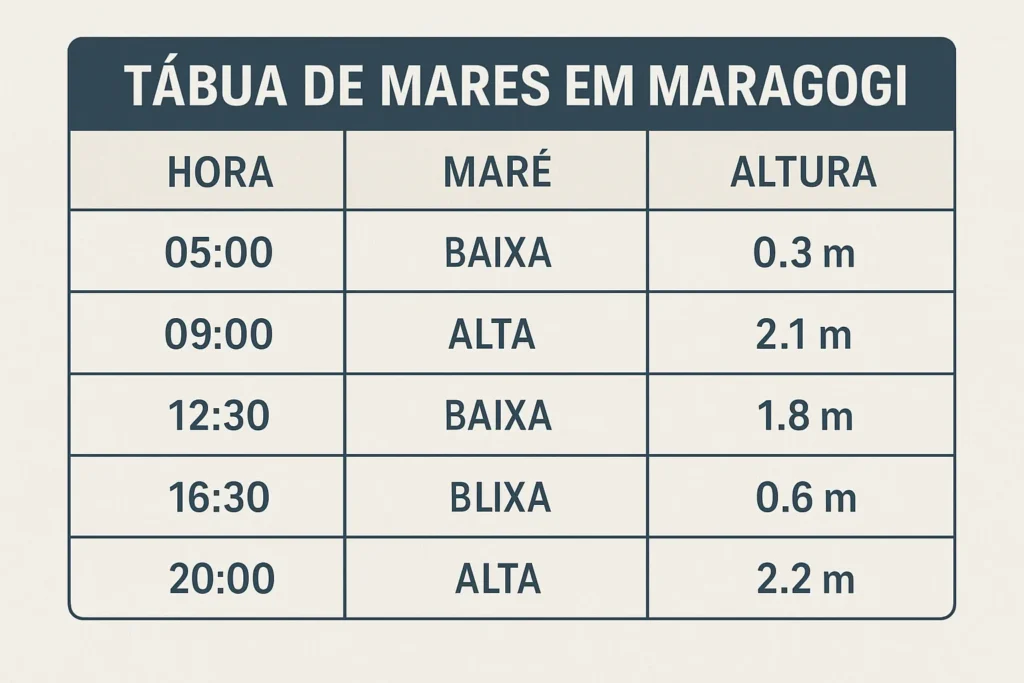 Tabela visual da tábua de marés em Maragogi com horários, níveis de maré alta e baixa e alturas atualizadas.
