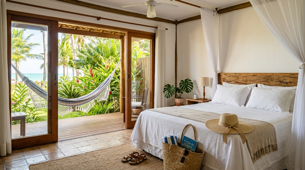 Quanto custa viajar para Maragogi. Quarto de pousada em Maragogi com varanda, rede e jardim tropical representando opções de hospedagem intermediária