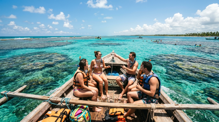 Passeio de barco para as piscinas naturais dos Galés de Maragogi com turistas e água turquesa cristalina
