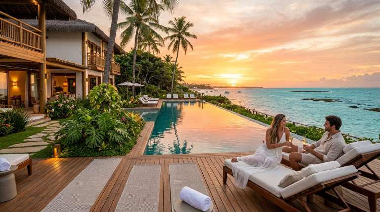 Resort de luxo em Maragogi com piscina infinita e vista para o oceano ao pôr do sol