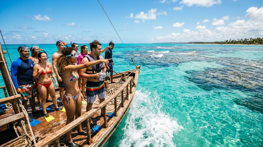 Turistas em barco a caminho das piscinas naturais dos Galés de Maragogi durante passeio no roteiro de 3 dias